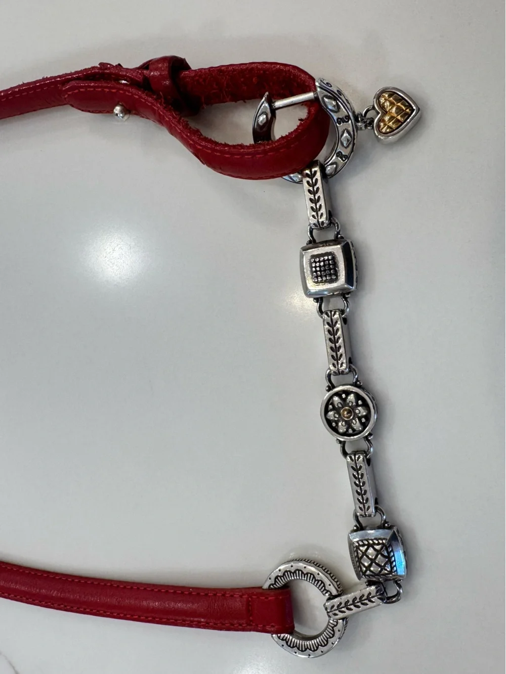 Vintage Retired Brighton 41112 Red Leather Multi Charm Silver Link Belt BEAUTY!💎